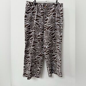 Linen Crop Pants Women 12 Wide‎ Leg Leaves Ankle Coastal Beach Brown White